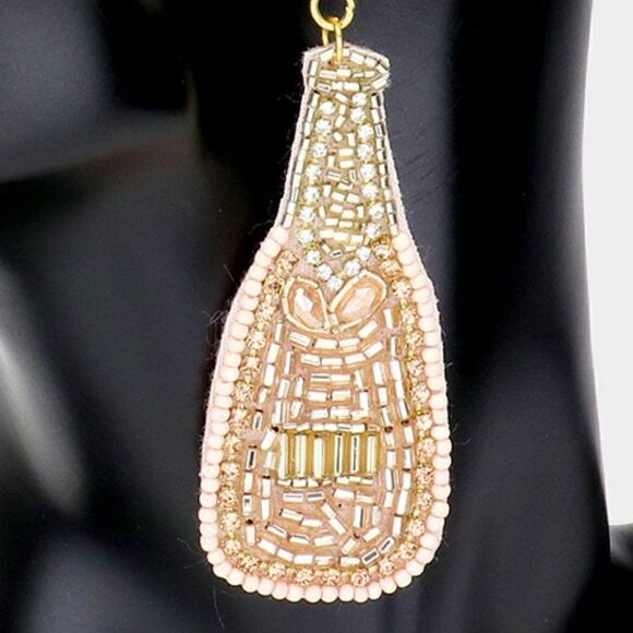 Champagne Bottle Pink & Gold Seed Bead Earrings - Picture 3 of 6